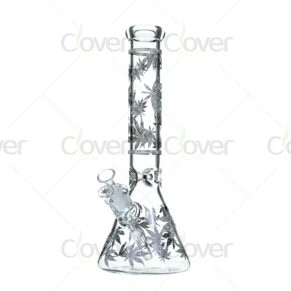 Glow in dark beaker bong with colorful decal designs, durable borosilicate glass for smooth hits.