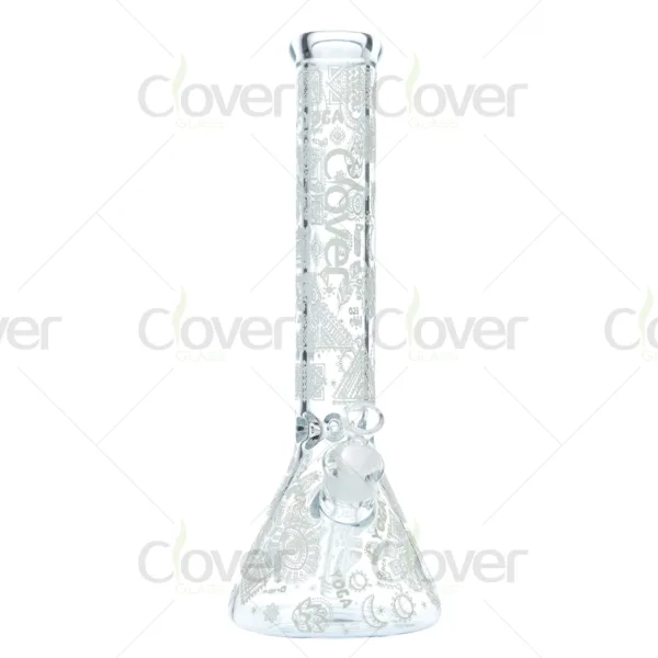 Glow in dark beaker bong with colorful decal designs, durable borosilicate glass for smooth hits.