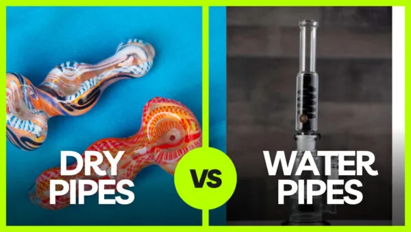 Image comparing two colorful glass dry pipes against a sleek clear water pipe.