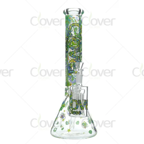 Cheap beaker bong with colorful decal designs, durable borosilicate glass for smooth hits.