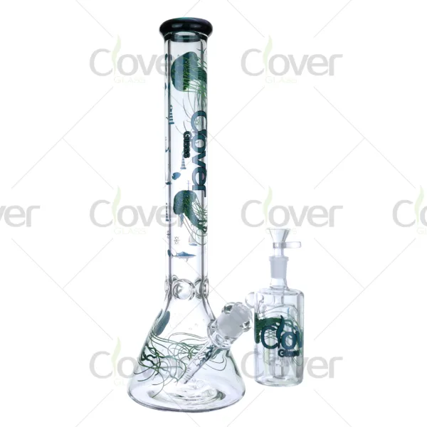 Cheap beaker bong with colorful decal designs, durable borosilicate glass for smooth hits.