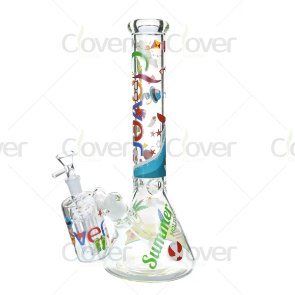 Cheap beaker bong with colorful decal designs, durable borosilicate glass for smooth hits.