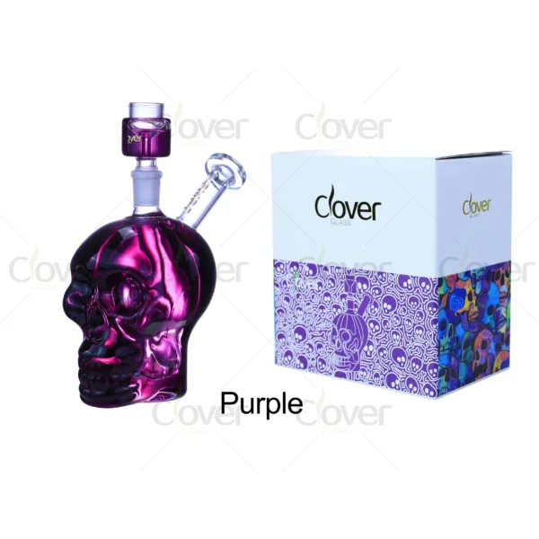 CloverGlass glycerin-filled skull bong, freezable glass water pipe with cooling chamber, durable design for wholesale and bulk orders.