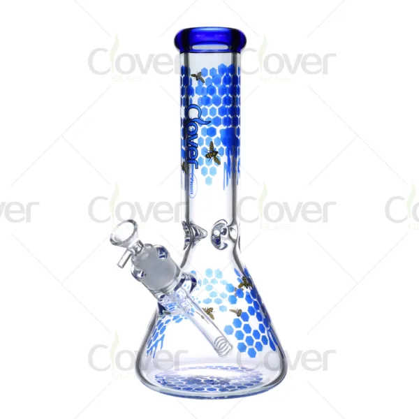 Cheap beaker bong with colorful decal designs, durable borosilicate glass for smooth hits.