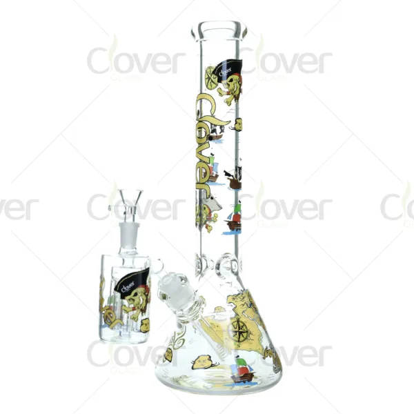 Cheap beaker bong with colorful decal designs, durable borosilicate glass for smooth hits.