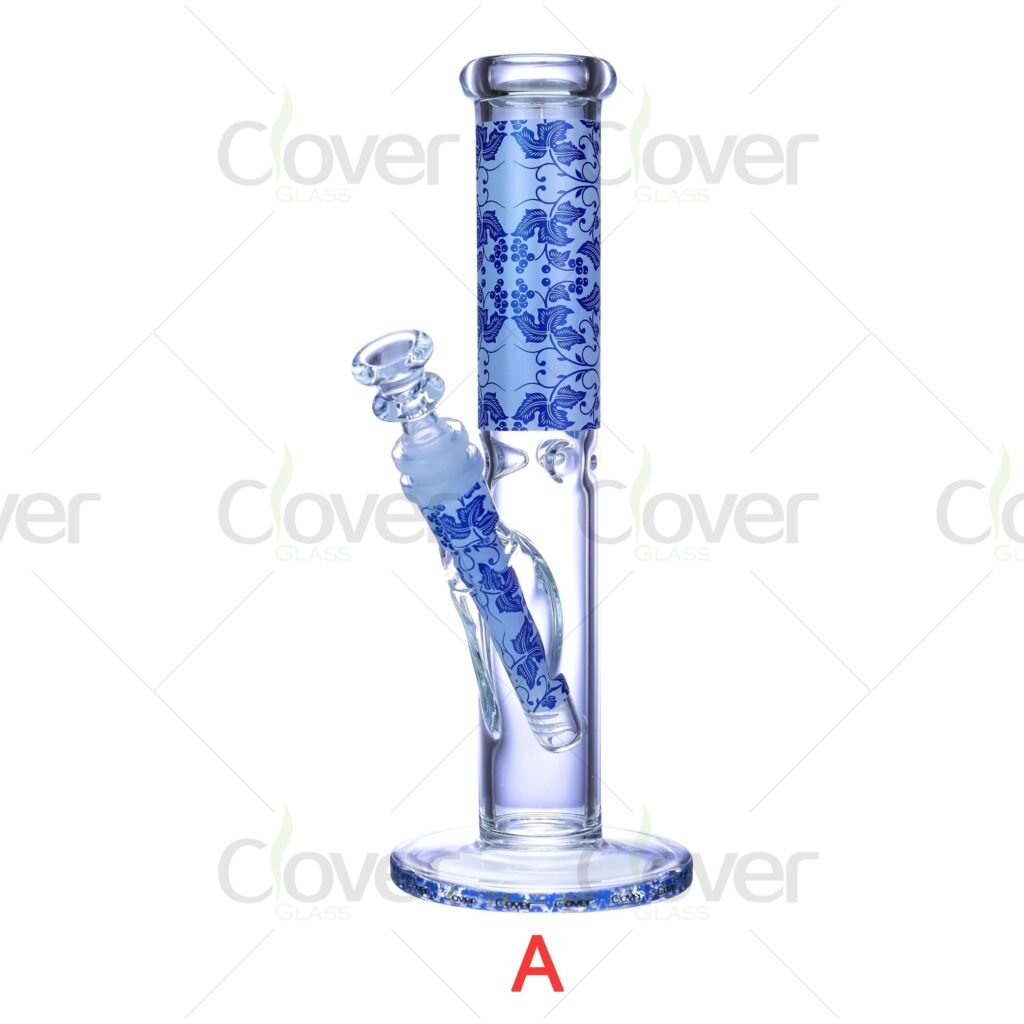 9.84-Inch 14mm Female Blue Floral Glass Straight Tube Bong – 5mm Durable Glass