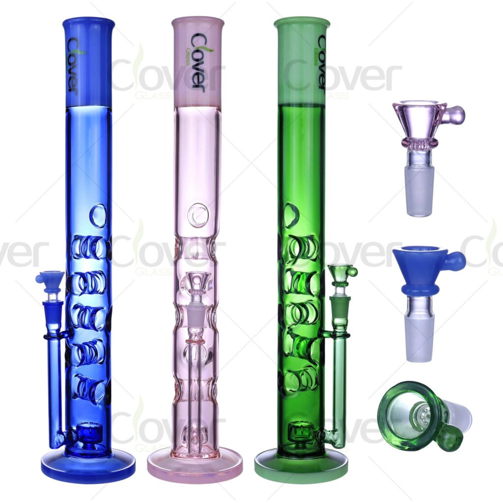 Clover Glass straight tube bongs with spiral and tree percs, multiple colors, and matching bowls.