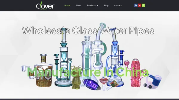 Clover Glass website displaying diverse wholesale glass water pipes manufactured in China.