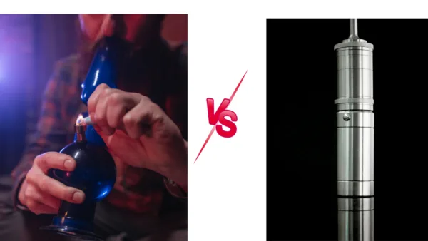 Person lighting blue glass bong versus sleek metallic vaporizer comparison.