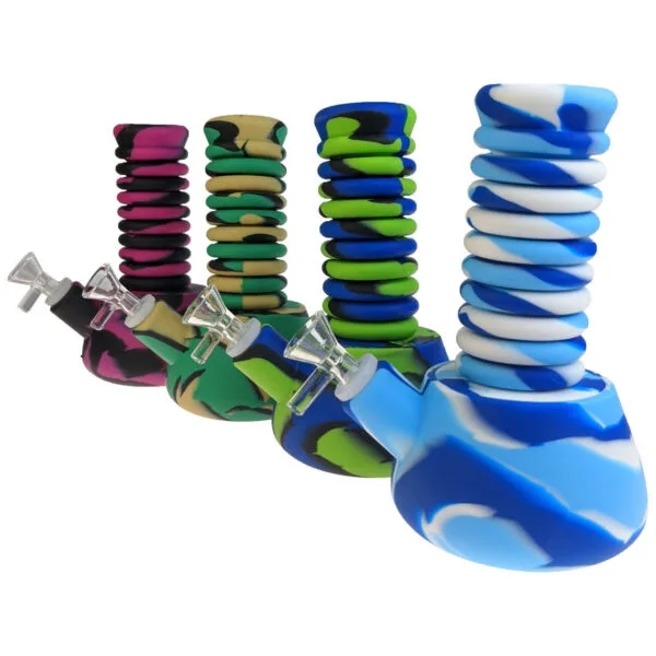 Four vibrant silicone water pipes with collapsible necks and glass bowls, featuring unique patterns.