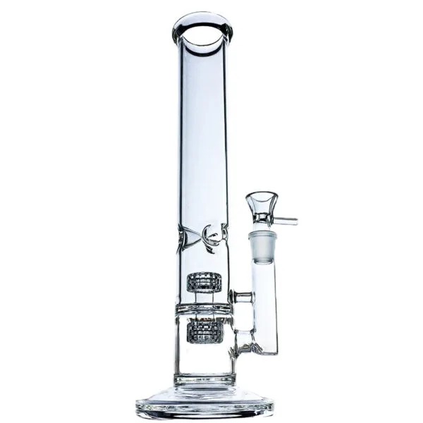Clear glass straight tube water pipe with double honeycomb percolators and ice pinch.