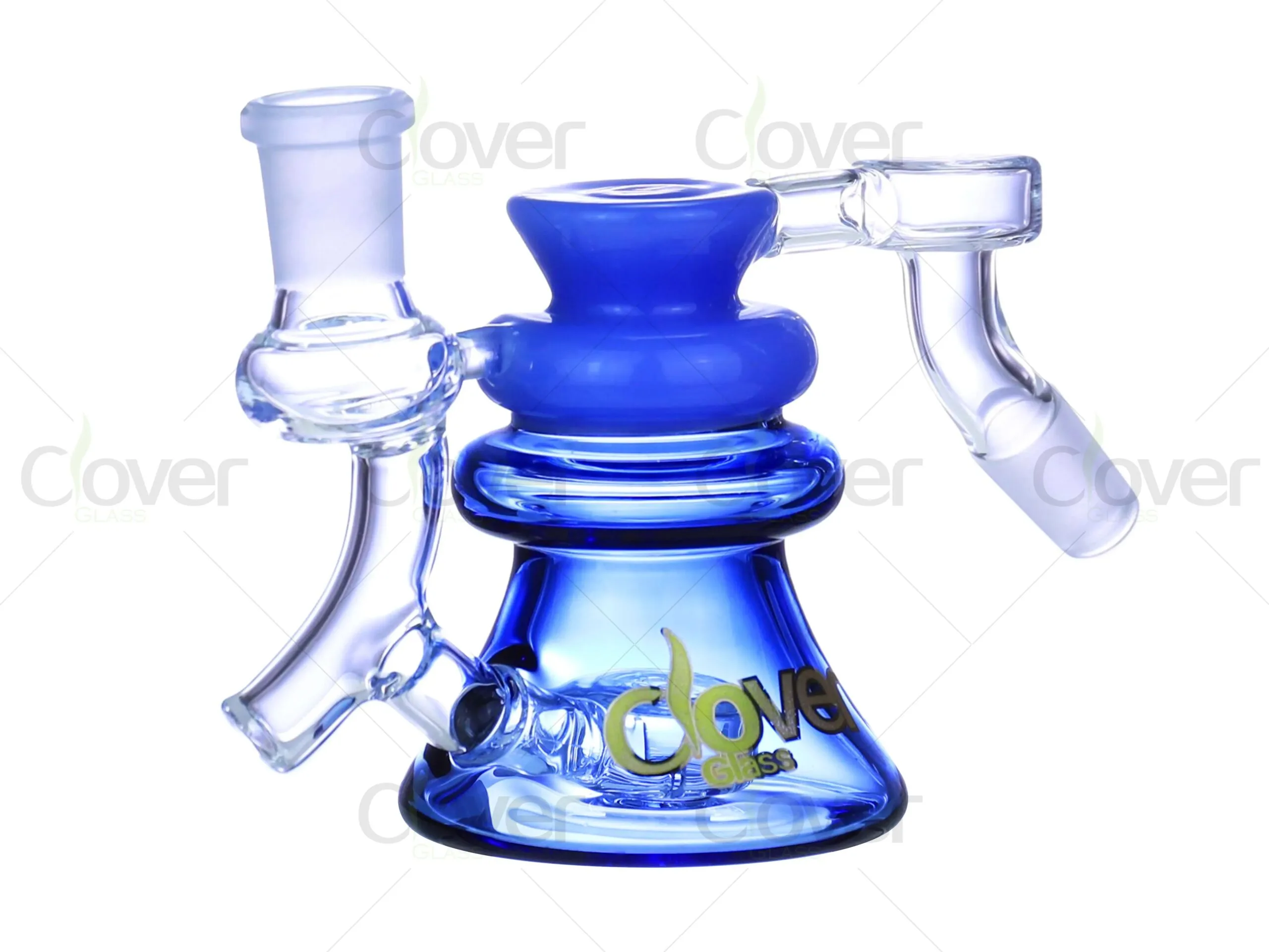 A blue and clear glass 45-degree dry ash catcher from Clover Glass.