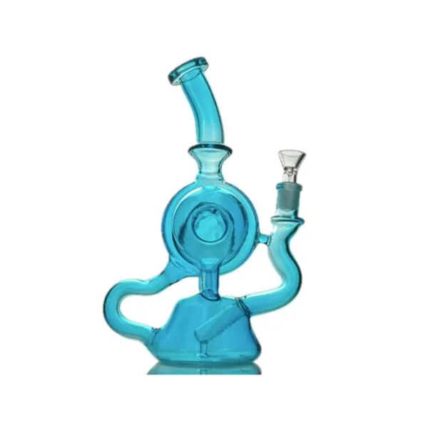 Aqua blue glass smoking water pipe with intricate recycler and removable bowl.