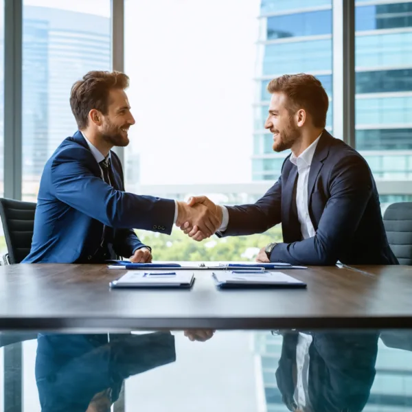 Two smiling businessmen shaking hands in a modern office, symbolizing a successful deal.