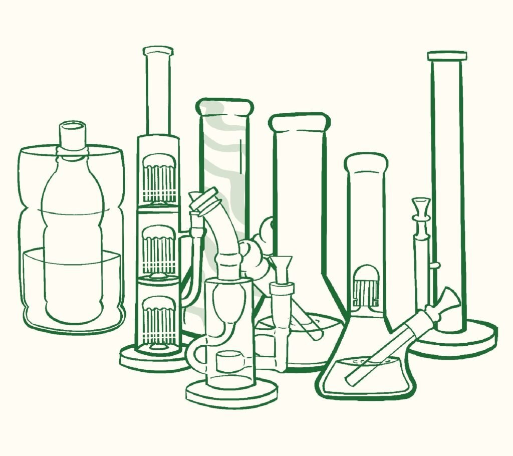 A green line drawing showing a collection of different glass bongs and water pipes.