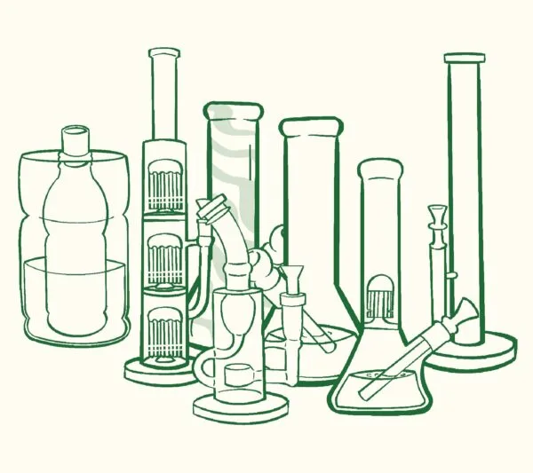 A green line drawing showing a collection of different glass bongs and water pipes.