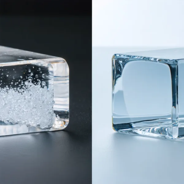 Contrasting clear blocks: one bubbly on black, one pristine and transparent on white.