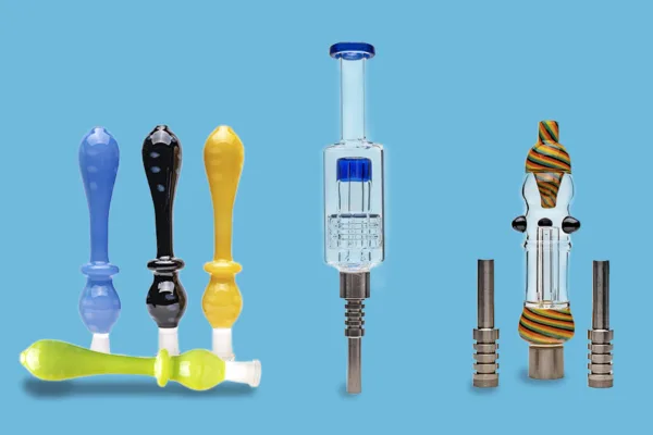 Colorful glass dab tools, clear glass banger, and titanium nails for concentrates.