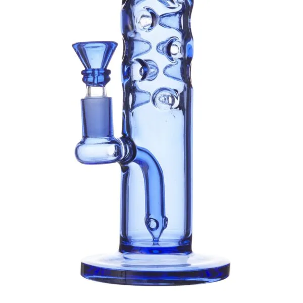 Vibrant blue glass water pipe featuring a unique textured design and removable bowl piece.