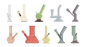 A vector illustration set of ten different types of glass bongs and water pipes.