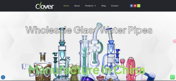 Clover Glass website banner displaying diverse wholesale glass water pipes manufactured in China.
