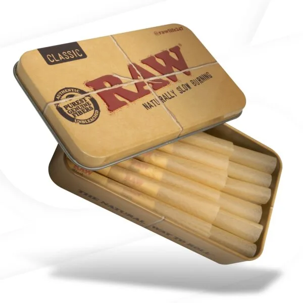 RAW Classic unbleached pre-rolled cones in a branded slow-burning paper tin.