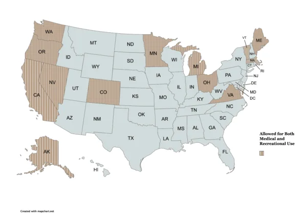 US map showing states where medical and recreational cannabis use is legal.
