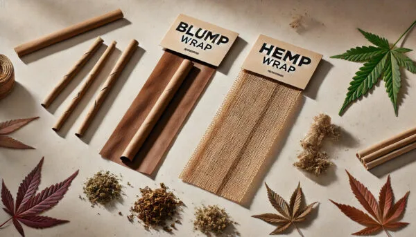 Natural hemp and blump wraps, pre-rolls, cannabis leaves, and plant materials displayed.