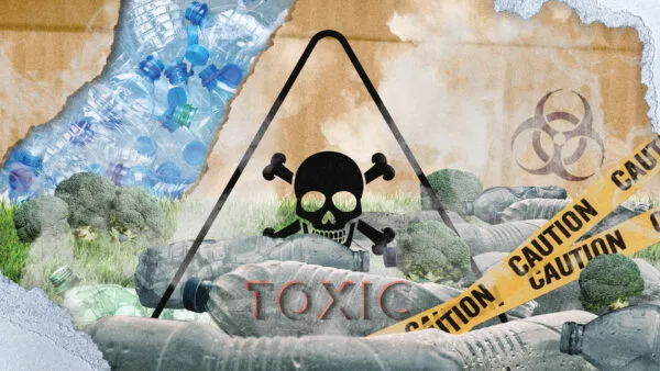 Environmental collage depicting plastic pollution, toxic waste, broccoli, skull, biohazard, caution tape.