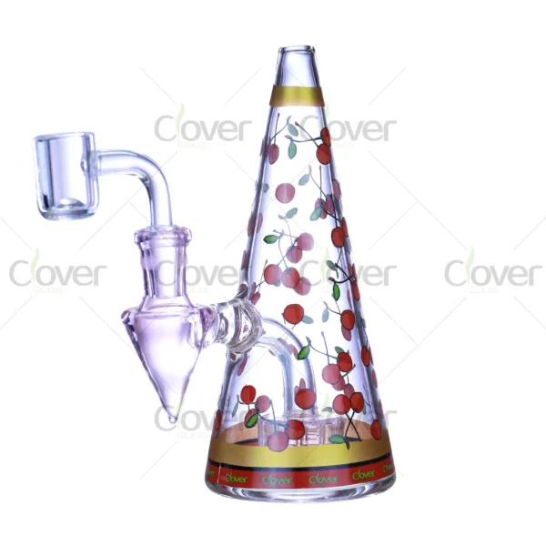 Clover Glass fruit art cone rig collection, borosilicate mini dab rigs featuring cherry, avocado, and strawberry patterns