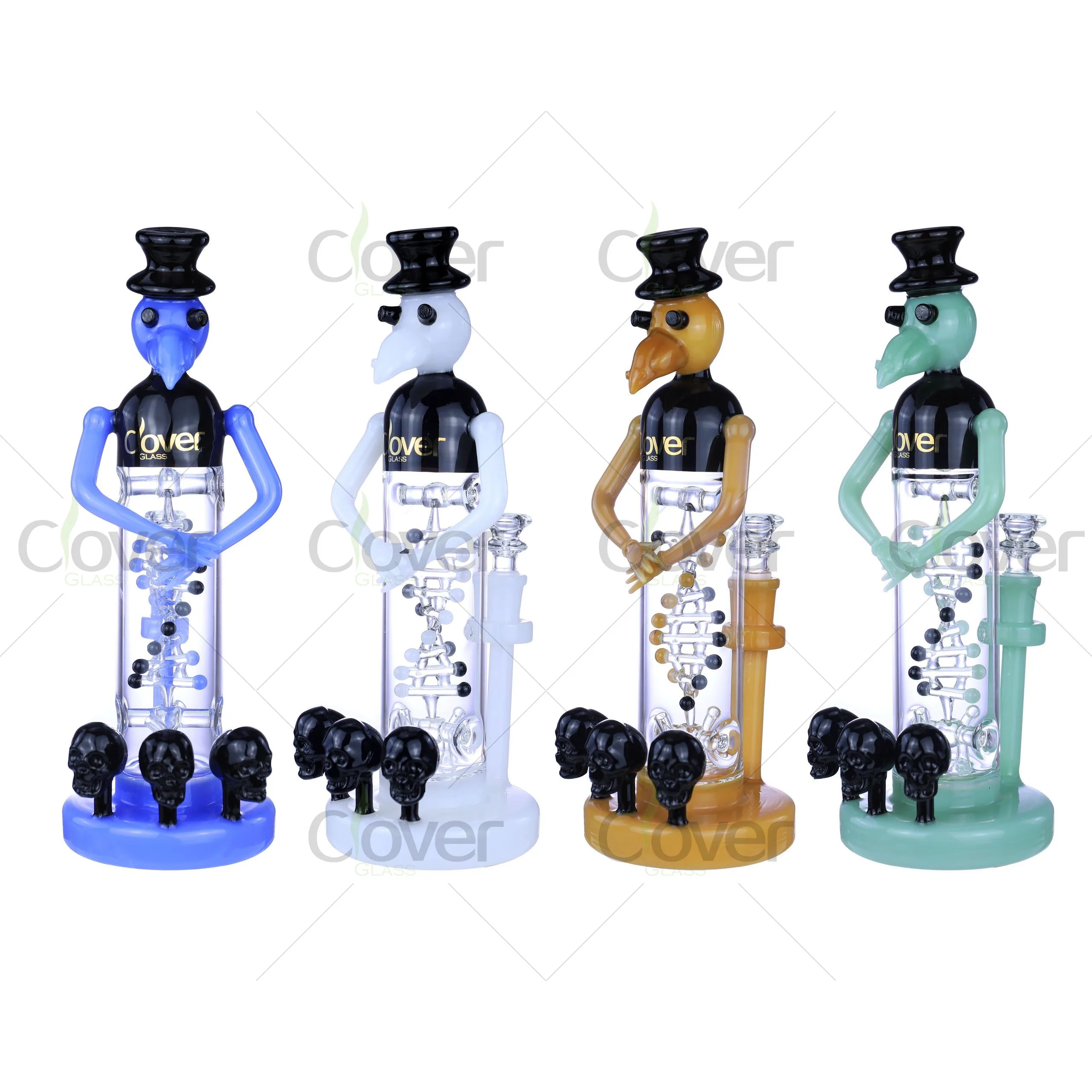 Four colorful plague doctor bongs with skull bases and helix percolators by Clover Glass.