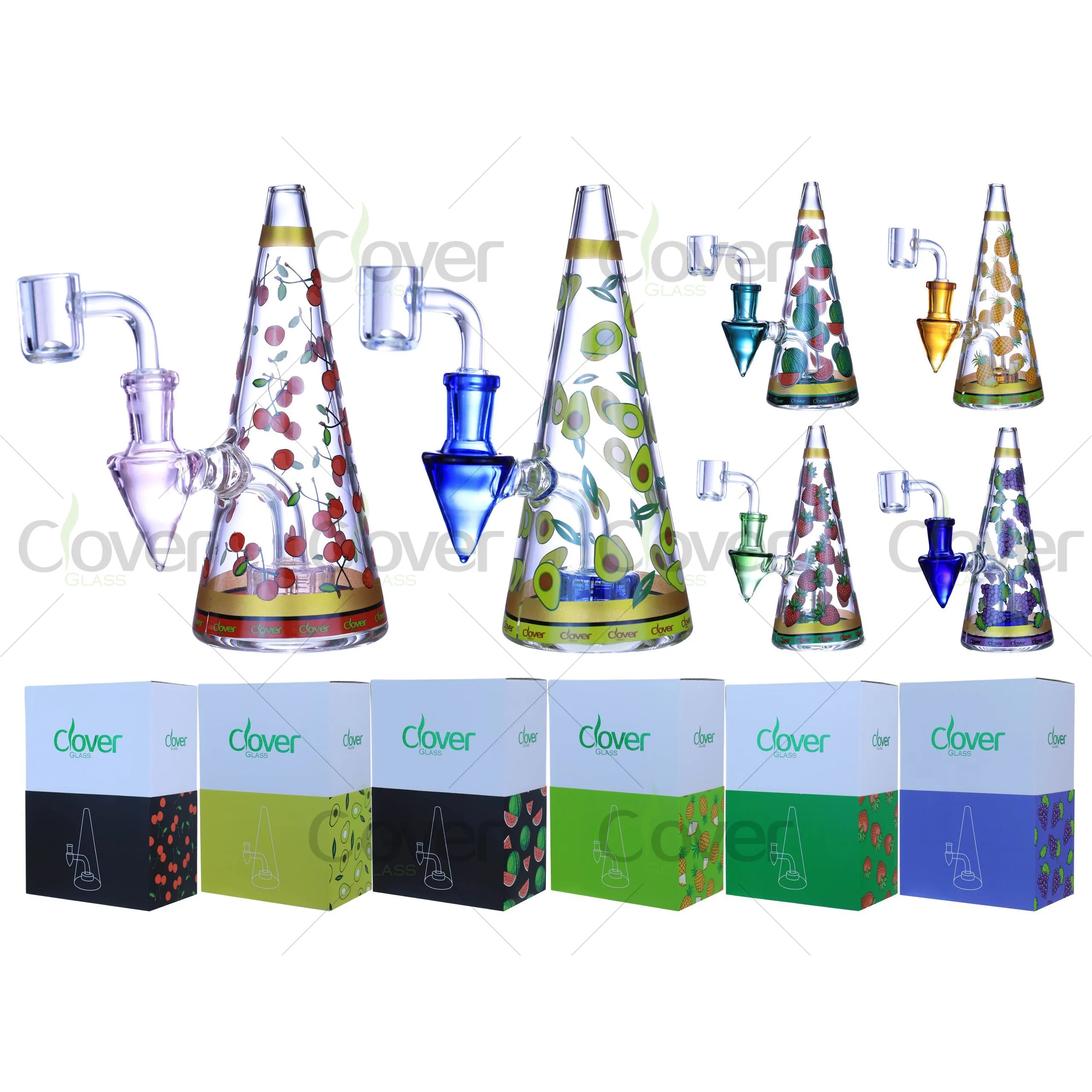Colorful Clover Glass dab rigs: cherry, avocado, watermelon, pineapple, strawberry, grape designs.