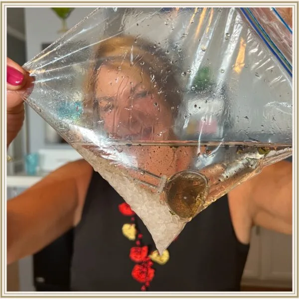 A woman holds up a plastic bag containing water, salt, and a tarnished metal object.