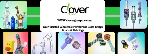 Clover Glass wholesale display featuring diverse glass bongs, dab rigs, and pipes.