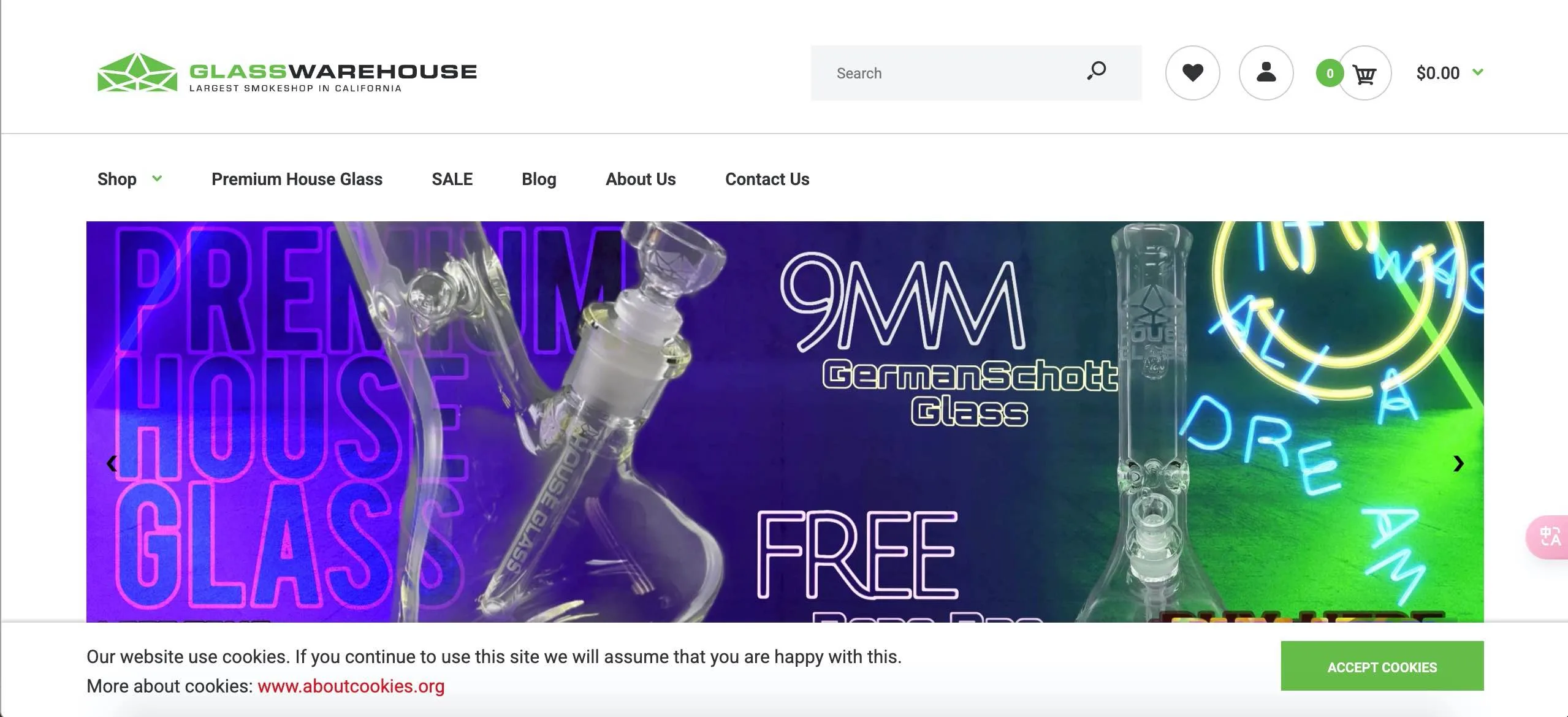 Premium House Glass bongs, 9MM GermanSchott, with neon lights on Glasswarehouse banner.