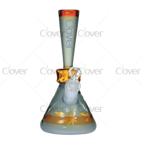 Frosted leaf etched glass beaker bongs by Clover Glass in assorted colors, made of thick borosilicate glass with ice catcher.
