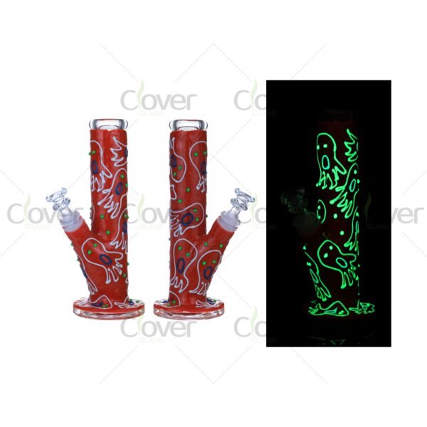 Red glow in the dark glass bong with hand-painted ghost pattern, luminous spooky water pipe by Clover Glass