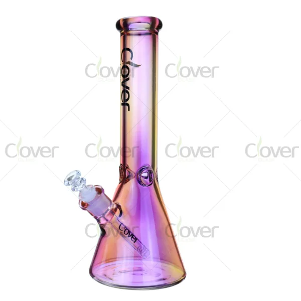 Clover Glass rainbow beaker bongs with glossy electroplated surface, bright gradient colors, and thick borosilicate glass body