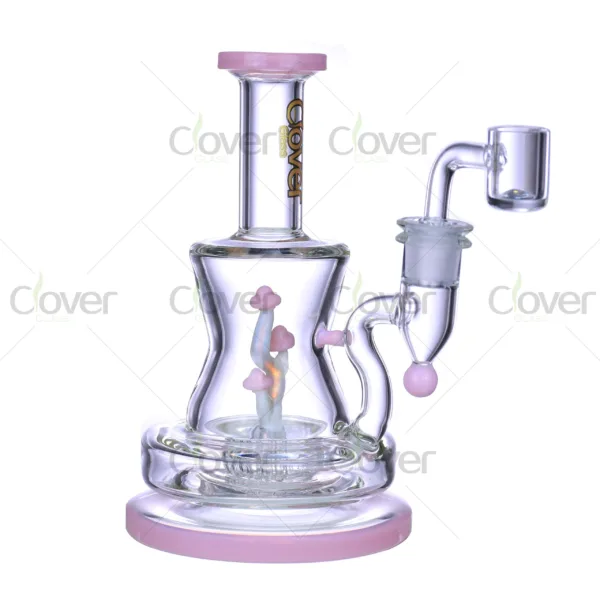 Clover Glass mushroom themed dab rig with colorful base, handcrafted borosilicate water pipe featuring inside mushroom decoration and premium banger set