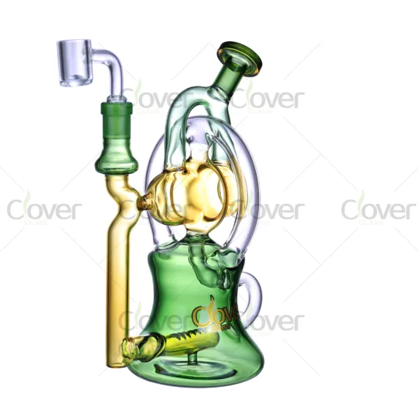 CloverGlass recycler dab rig, scientific borosilicate glass with recycler arms and percolator, designed for concentrates and wholesale use
