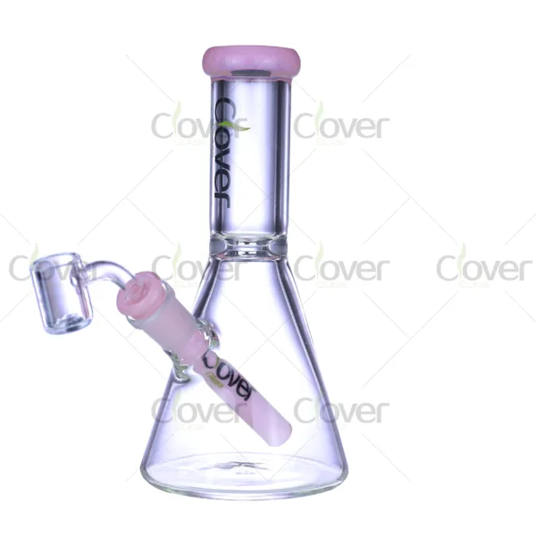 Clover Glass pastel beaker dab rig made of high borosilicate glass with quartz banger, available in green, purple, and pink