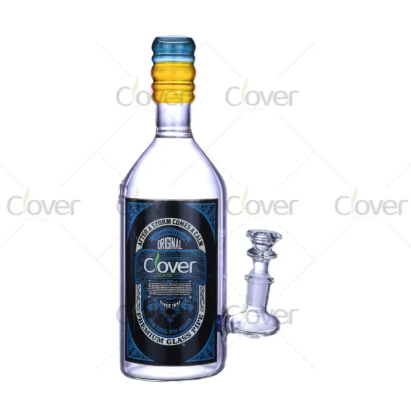 Glass water pipe shaped like liquor bottle with green cap and Clover Glass label, unique bottle bong design