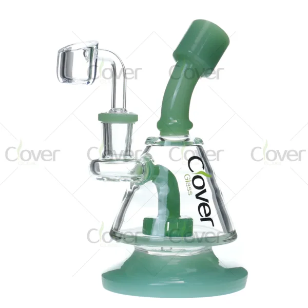 Clover Glass mini dab rig with quartz banger, available in cobalt blue, amber, mint and dark green, compact borosilicate glass water pipe for dabbing