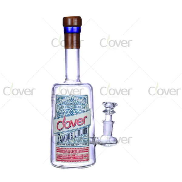 Liquor bottle style glass bong by Clover Glass with premium label design, made of thick borosilicate glass for smooth hits.