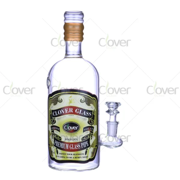 Clover Glass whiskey bottle bong, premium borosilicate glass water pipe featuring realistic liquor bottle shape