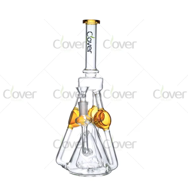 Clover Glass multi-chamber recycler bong with scientific design and colored details, durable borosilicate glass rig for smoking