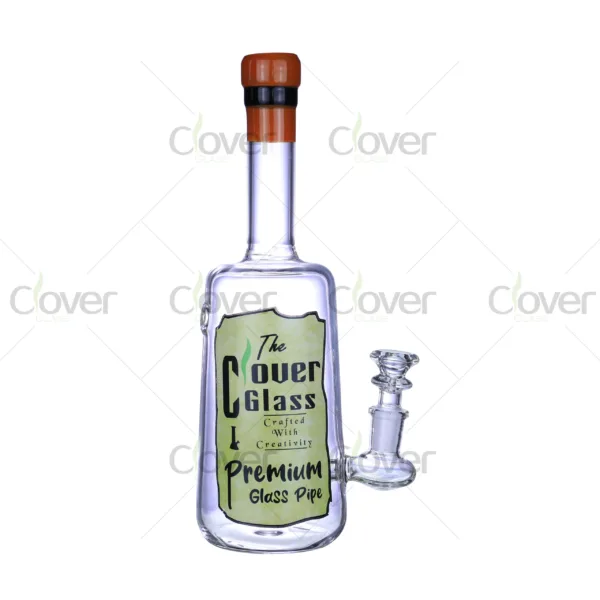 Glass water pipe shaped like liquor bottle with green cap and Clover Glass label, unique bottle bong design