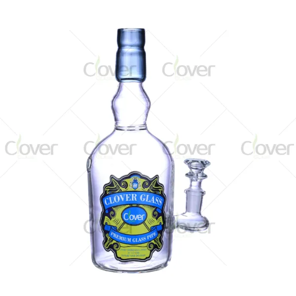 Bottle-shaped glass bong by Clover Glass with premium label design, made of durable borosilicate glass for smooth smoking.