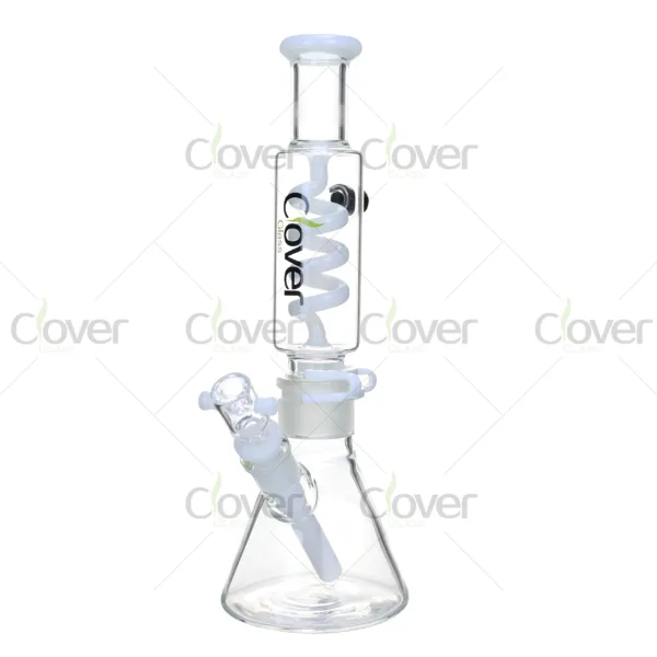 Glycerin coil beaker bongs by Clover Glass in black, green, and white, made of thick borosilicate glass with freezable spiral design