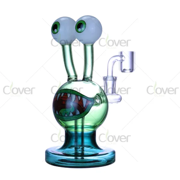 Artistic alien glass oil rigs by Clover Glass with eye-stalk design and detailed monster face, perfect for concentrate lovers